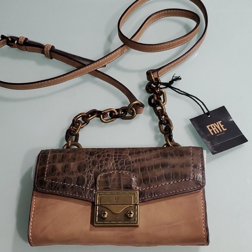 Frye Ella Croc-Embossed Brown Leather Crossbody Wallet Bag – Brand New with Tags